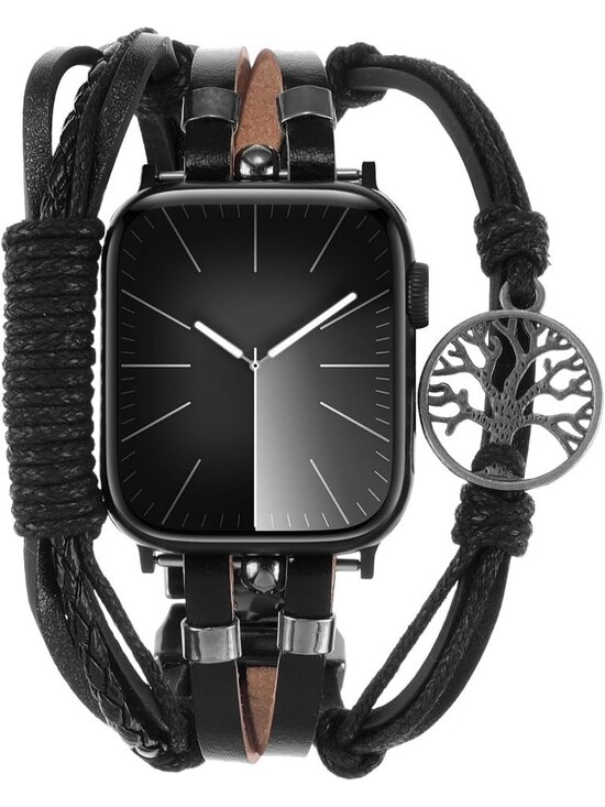 Accessories - Unisex Black/Tree of Life Beaded Boho Bracelet Compatible with Apple Watch